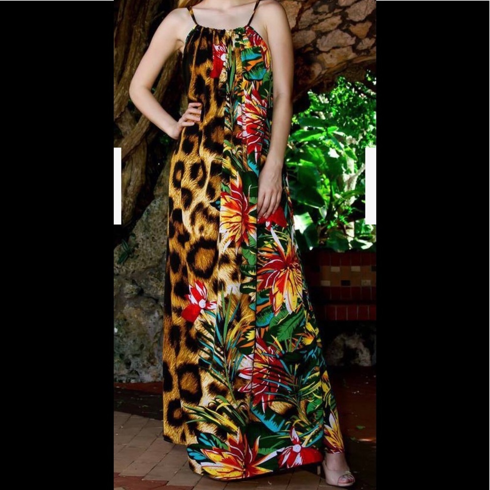 Goga resort wear multi print maxi dress.